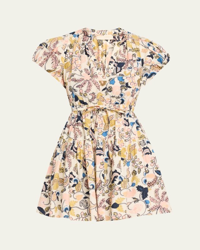 Izel Paisley-Print Cotton Puff-Sleeve Tie-Waist Mini Dress